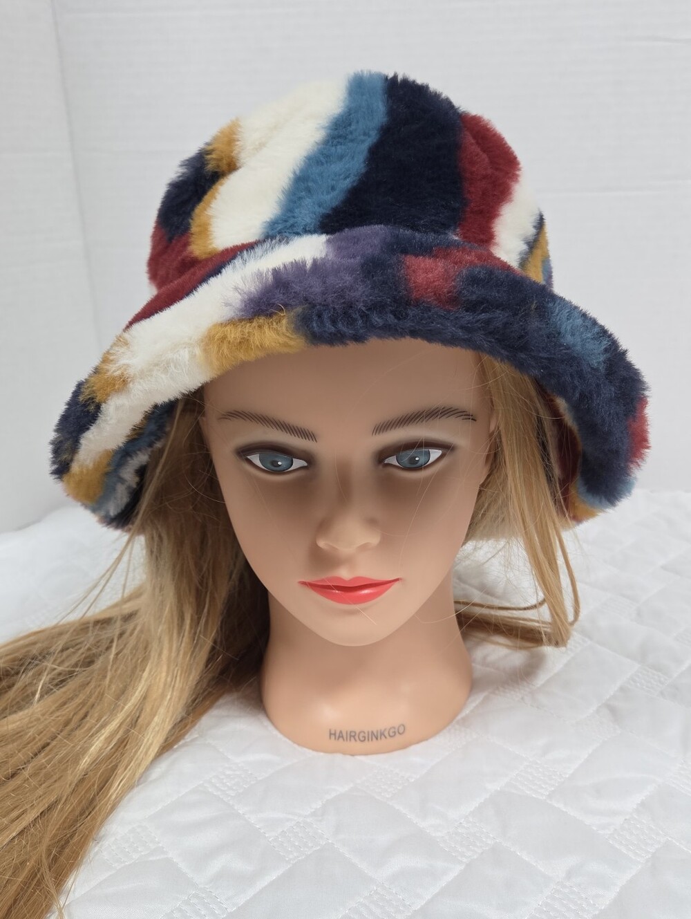 Trendy Multi-Color Faux Fur Bucket Hat Abstract Marble Swirl Winter Plush Cap